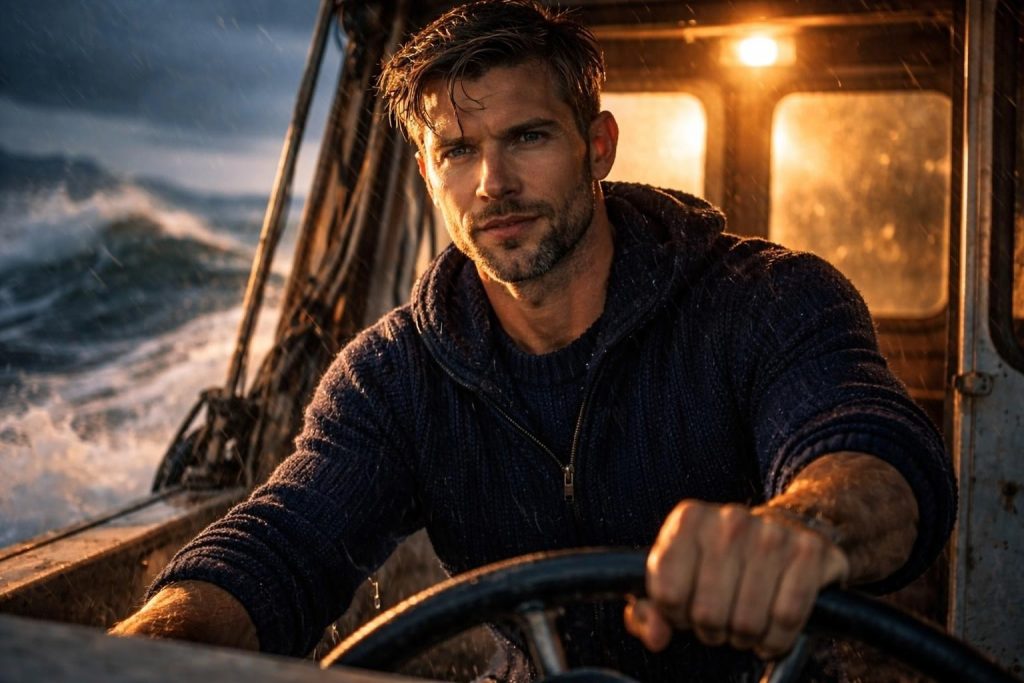 Captain at the wheel of a small fishing boat in a violent storm with huge waves crashing