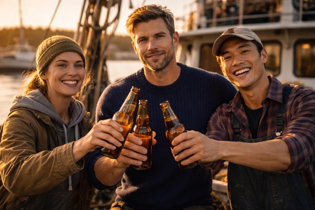 Captain and his young crew celebrating on the deck of the boat at sunset after the season