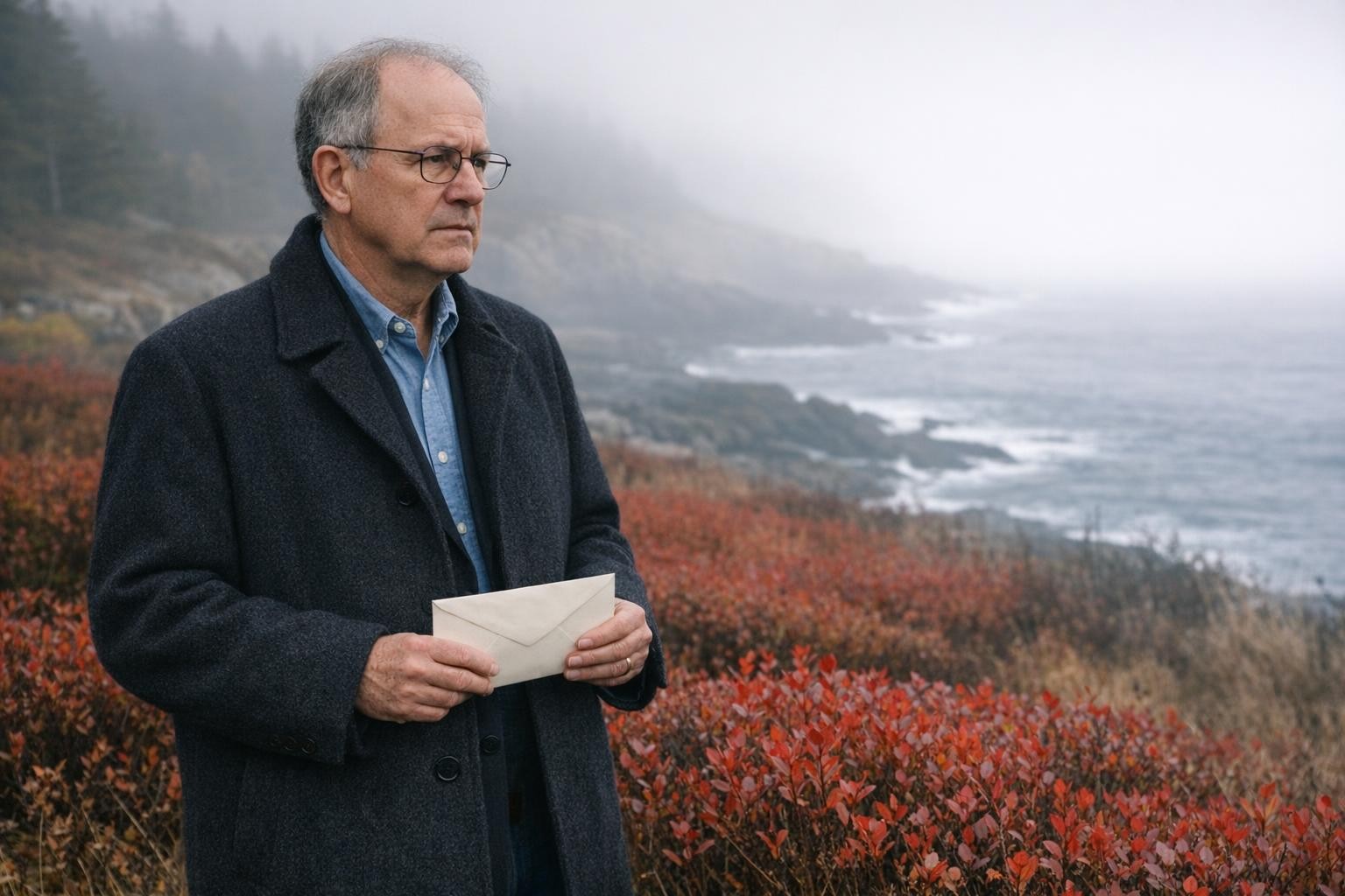 Man in glasses holding an envelope on a foggy wild blueberry barren on the Maine coast