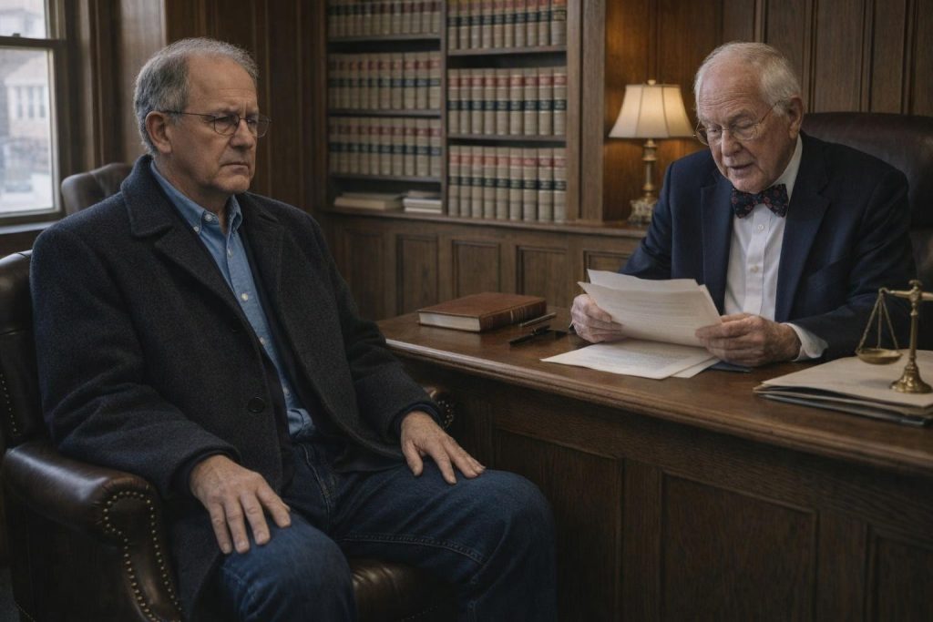 Man listening to a small-town attorney reading a will in a wood-paneled office