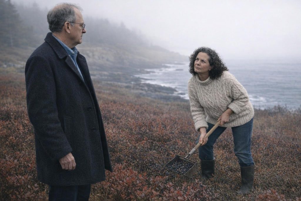 Woman with curly hair raking wild blueberries and looking up skeptically at a man in city clothes