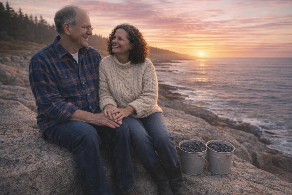 Couple sitting on coastal rocks at sunset with buckets of blueberries