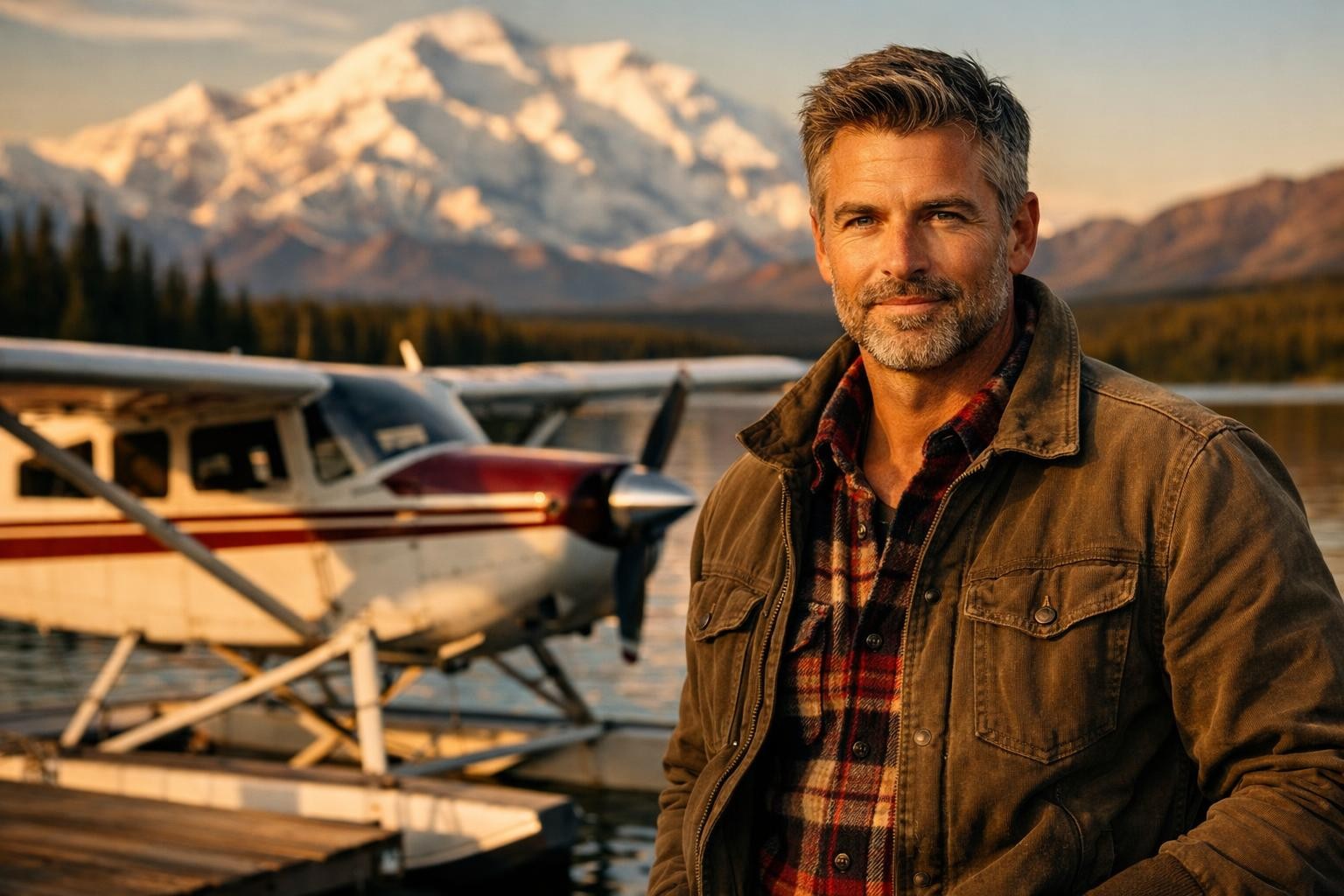 Handsome Alaska bush pilot with salt-and-pepper hair and a trimmed beard standing beside a small floatplane at golden hour
