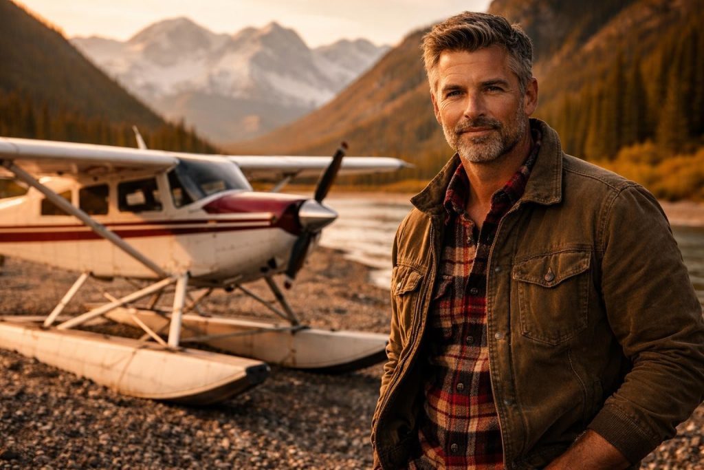 Handsome bush pilot in a canvas jacket standing by a small plane on a gravel river bar