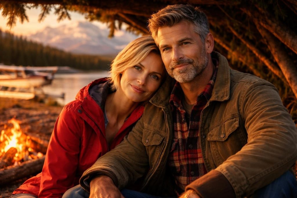 Pilot and travel writer sitting by a campfire on a remote Alaska riverbank
