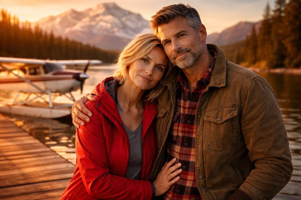 Couple standing together on a lake dock in Alaska at sunset with mountains behind them