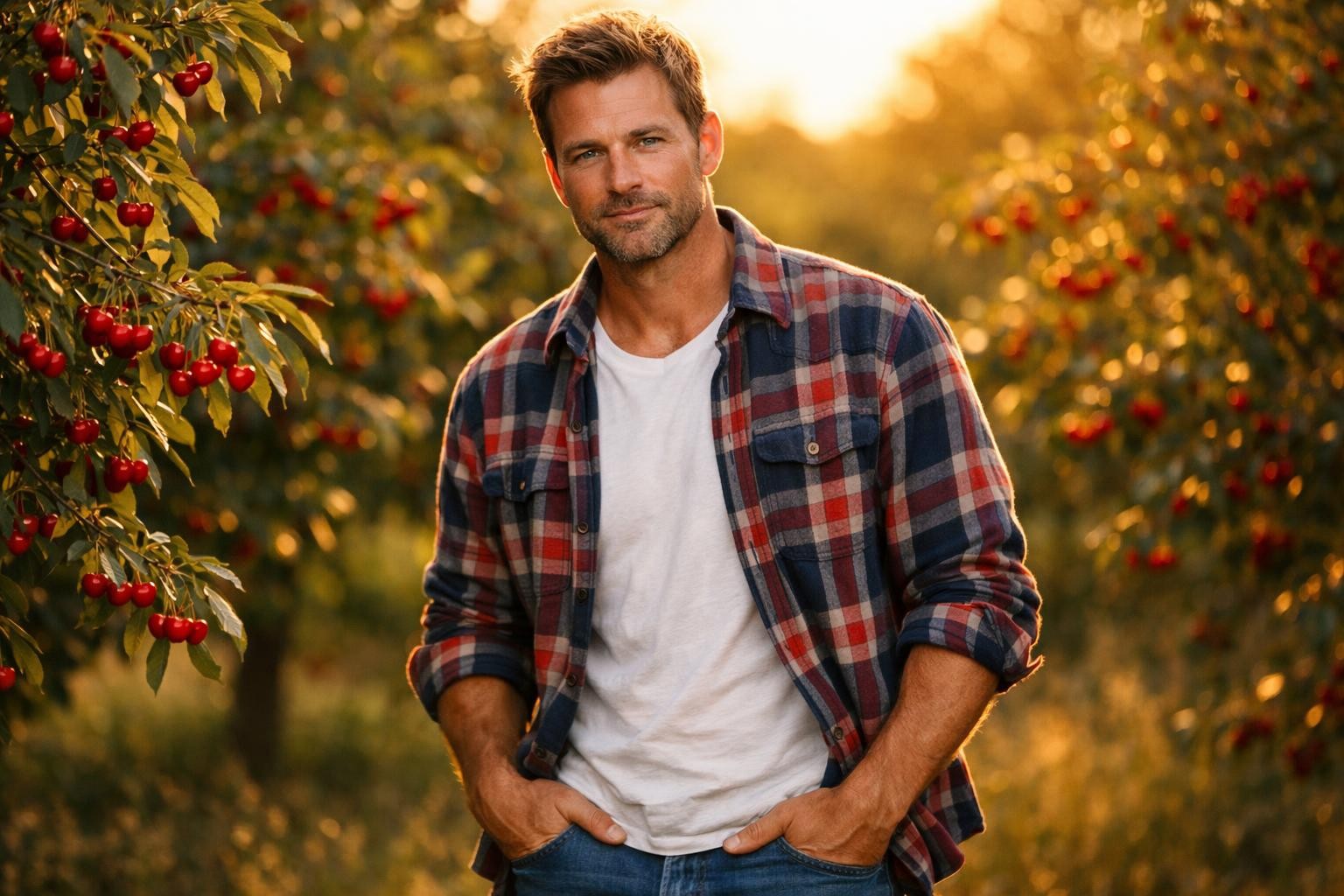 Handsome widowed cherry farmer with light brown hair and stubble standing in a Michigan cherry orchard at golden hour