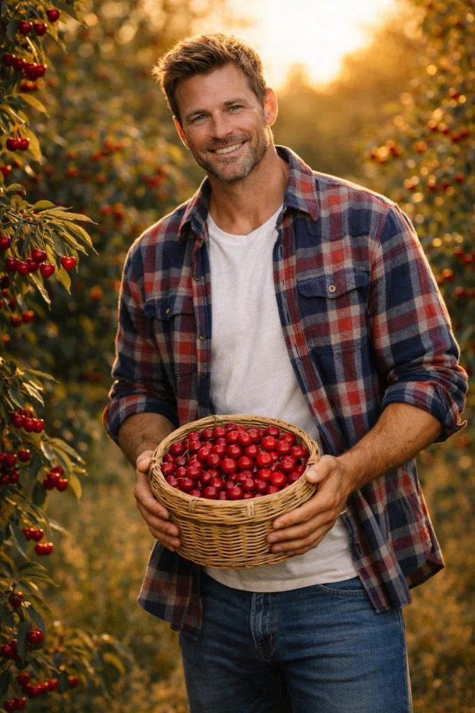 Handsome farmer in a flannel shirt over a white t-shirt holding a basket of red cherries