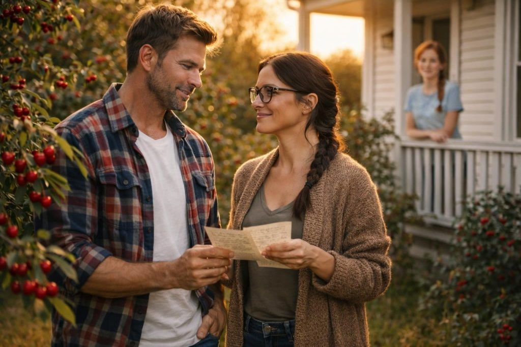 Teacher and cherry farmer standing in the orchard while his teenage daughter watches from the porch