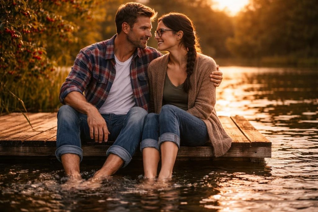 Couple sitting on a dock by Lake Michigan at sunset