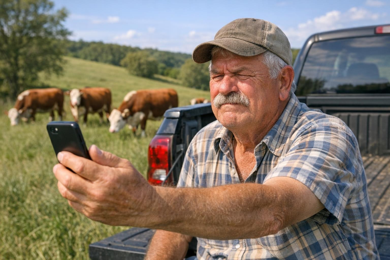 Older farmer sitting on a pickup tailgate looking confused at his smartphone with cattle behind him