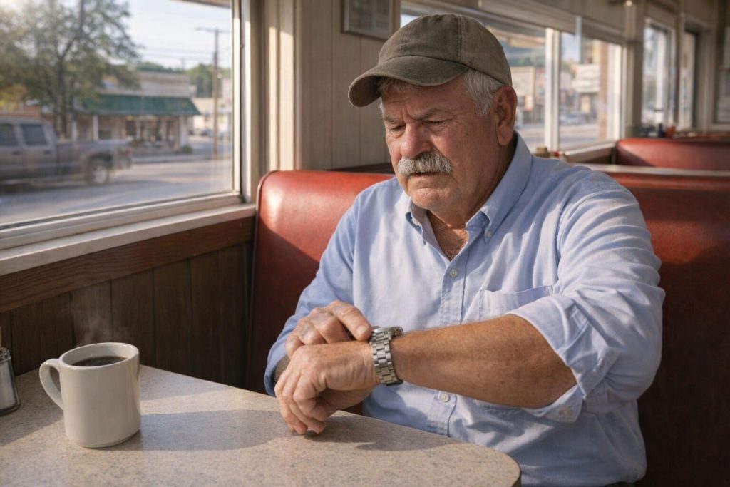 Nervous older man waiting in a small-town diner booth checking his watch