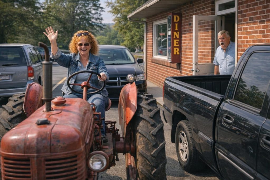Woman driving a vintage red tractor into a diner parking lot and waving