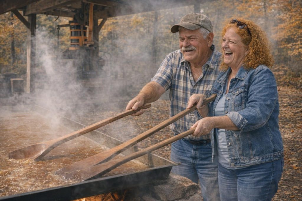 Older couple laughing while stirring sorghum molasses in a steaming pan in autumn