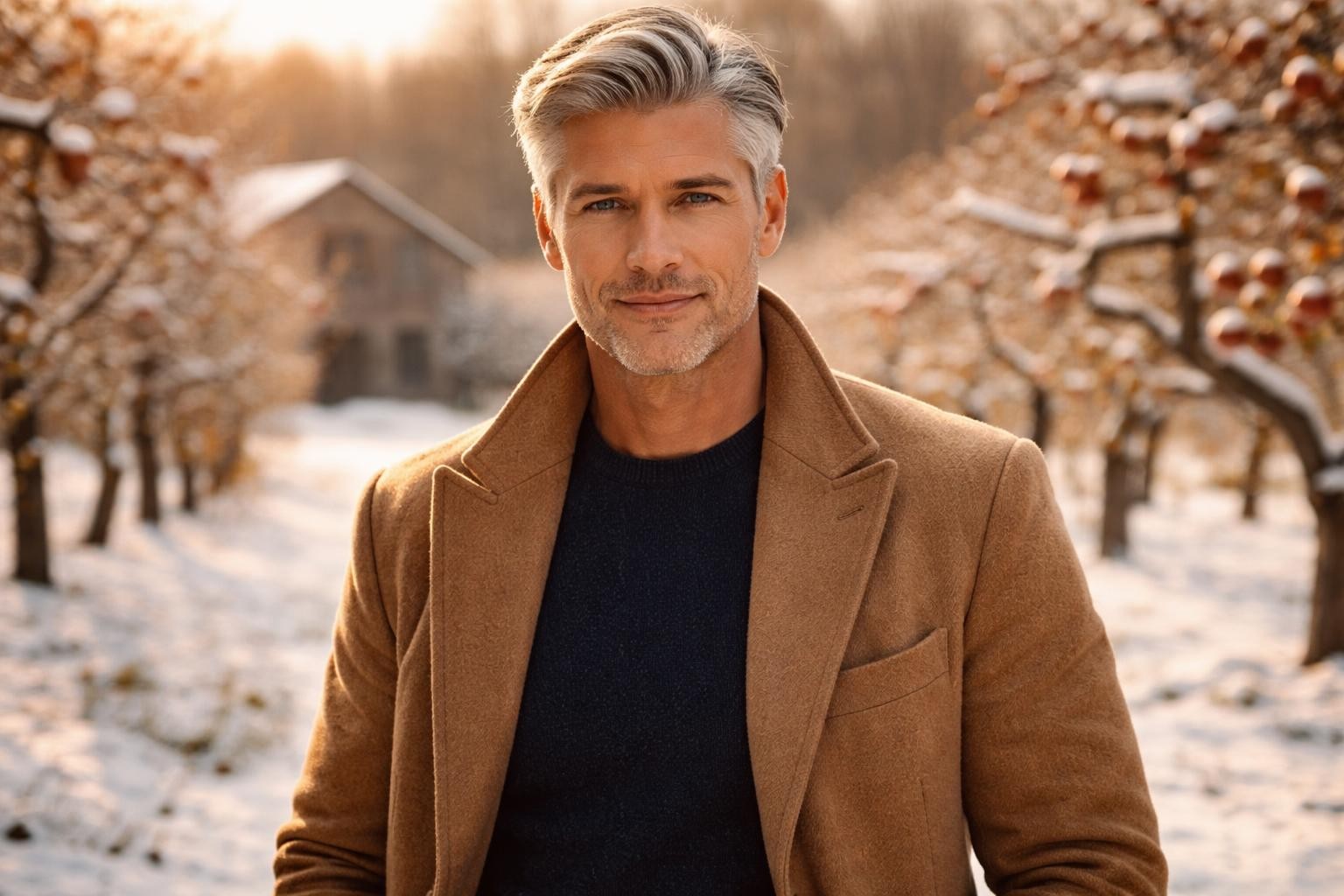 Handsome billionaire with silver hair and blue eyes standing in a snowy apple orchard in the Hudson Valley at golden hour