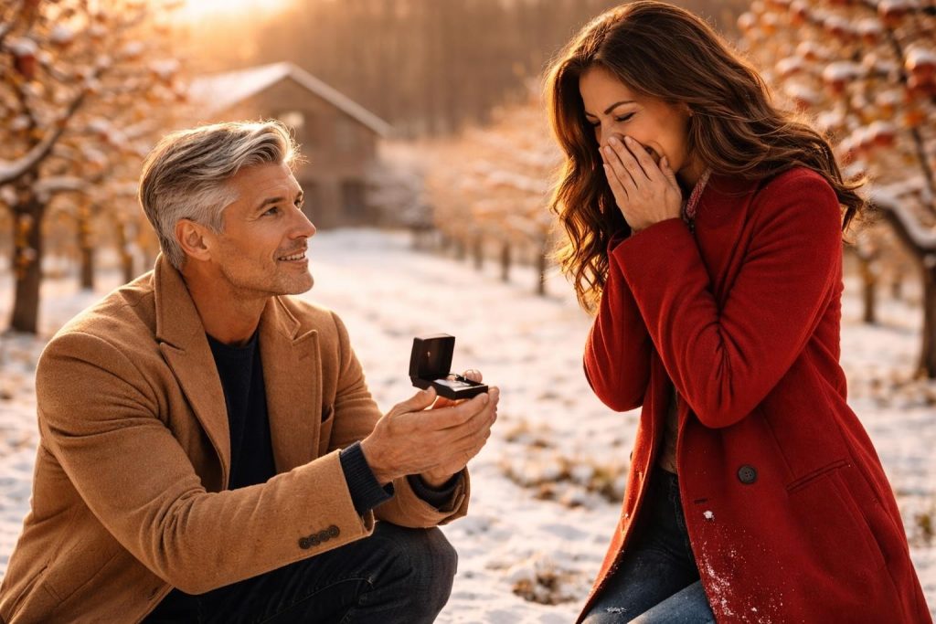 Handsome man in a camel coat proposing on one knee with a ring box in a snowy orchard while a woman laughs