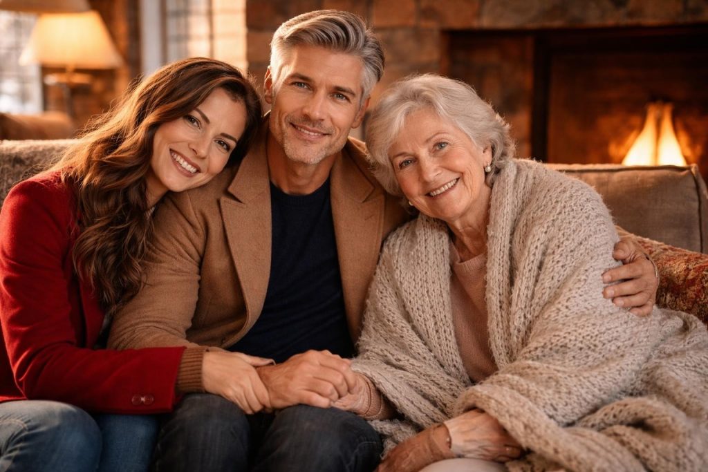 Couple sitting with an elegant elderly mother by a fireplace in a farmhouse living room