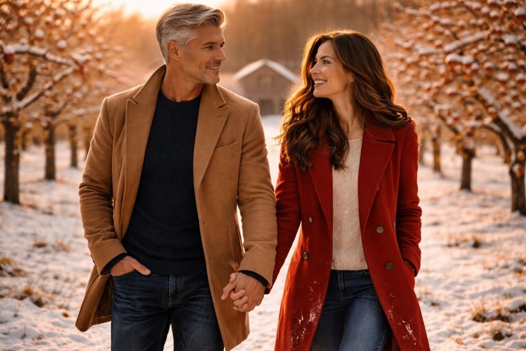 Couple walking together through a snowy apple orchard at sunset holding hands