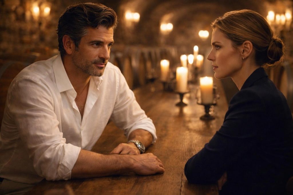 Mediator and vineyard heir arguing across a table in a stone wine cellar