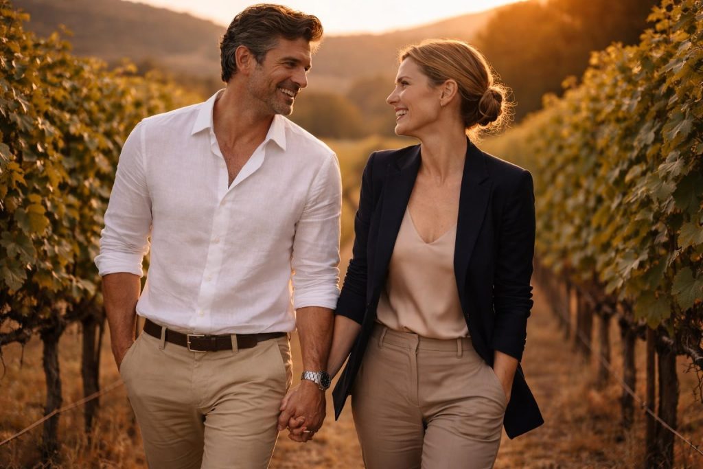 Couple walking hand in hand through vineyard rows at sunset