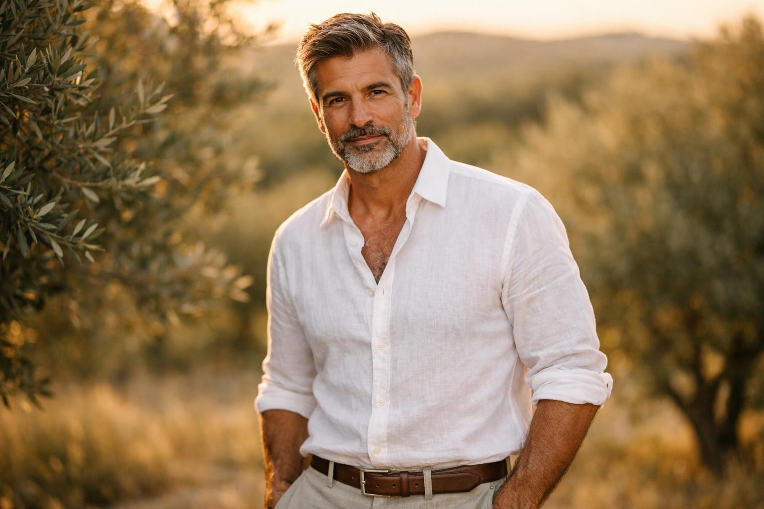 Handsome widower with salt-and-pepper hair and a trimmed beard standing in an olive grove in the Texas Hill Country at golden hour