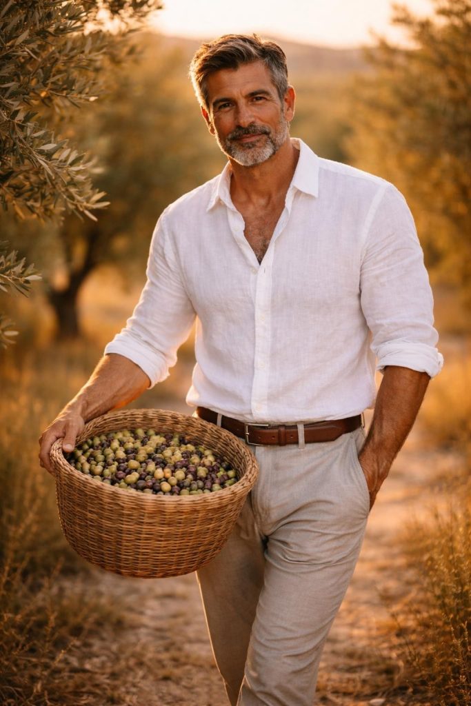 Handsome man in a white linen shirt walking through olive trees holding a basket