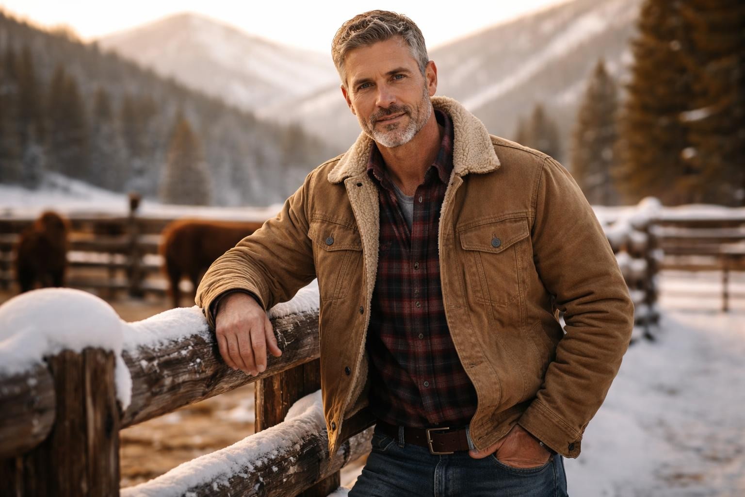Handsome rancher with salt-and-pepper hair and a short beard standing by a snowy corral on a Colorado ranch at golden hour
