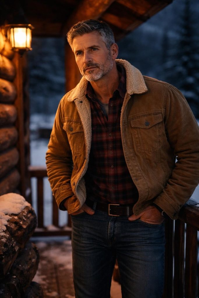 Rancher in a sheepskin jacket standing on a snowy porch at night under a single light