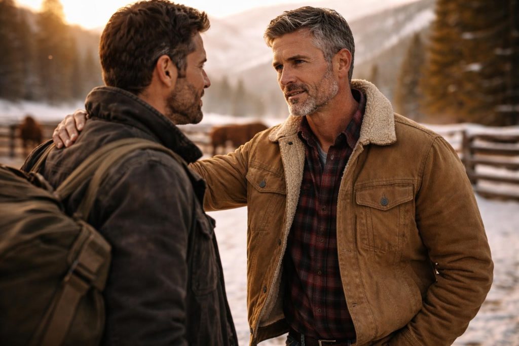 Two brothers standing face to face in a snowy ranch yard, one with a duffel bag