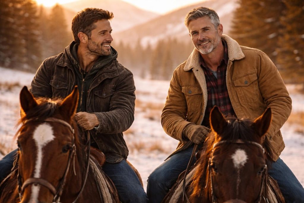 Two brothers riding horses side by side across a snowy Colorado meadow at sunset