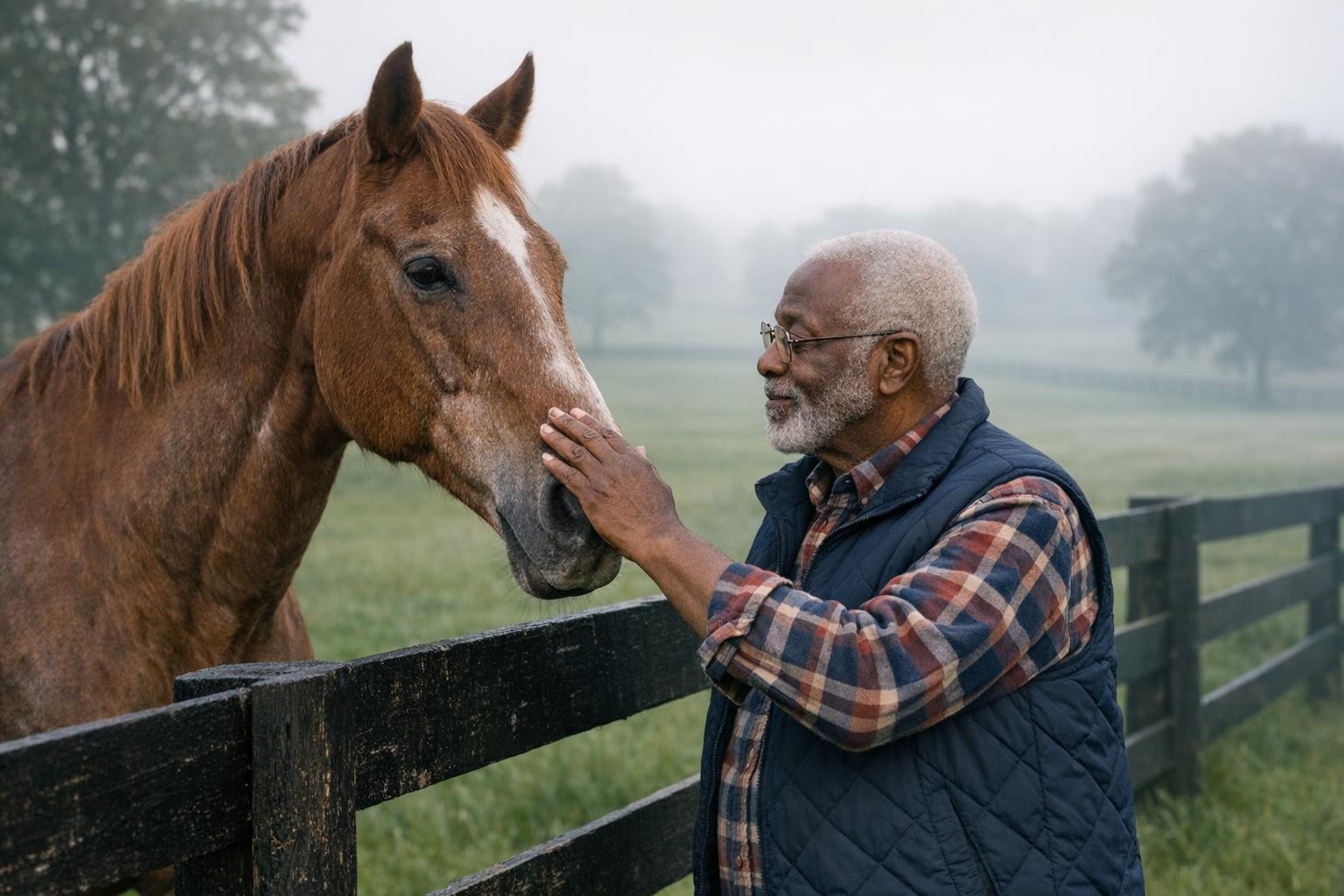 Older man standing at a black horse fence with an old chestnut thoroughbred on a Kentucky farm