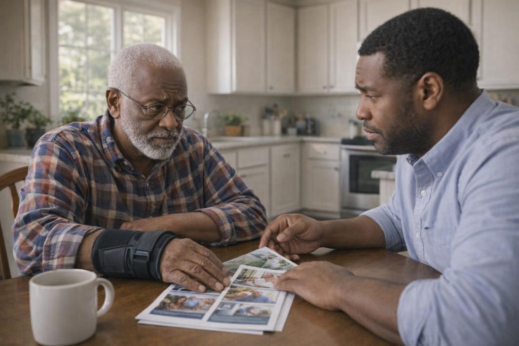 Father and adult son arguing over assisted living brochures at a kitchen table