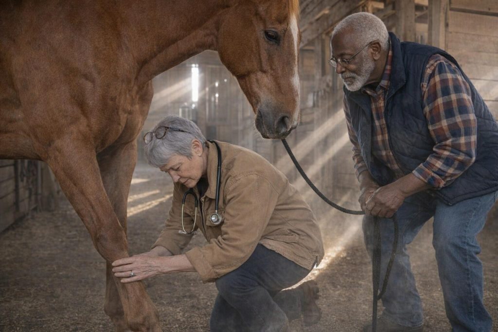 Retired equine veterinarian examining a horse's leg in an old barn while the farm owner watches
