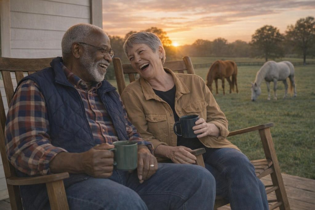 Older couple laughing on a farmhouse porch at sunset with horses grazing behind them