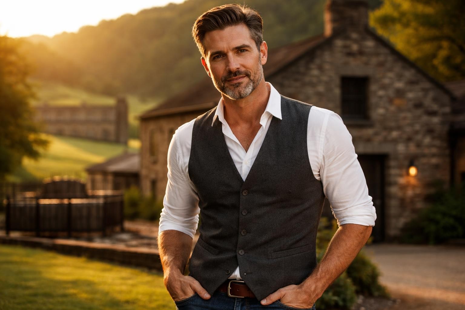 Handsome bourbon distiller with dark hair graying at the temples standing in front of a rustic Kentucky distillery at golden hour
