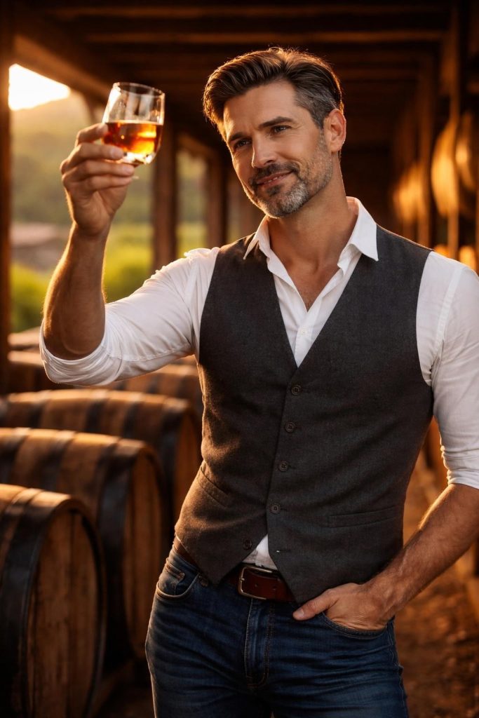 Handsome man in a vest and rolled shirtsleeves tasting bourbon among barrels in a rickhouse