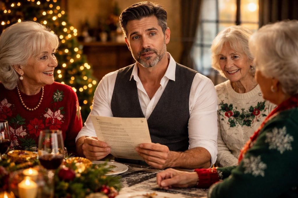 Three elegant older aunts at a dinner table showing a list to their amused nephew