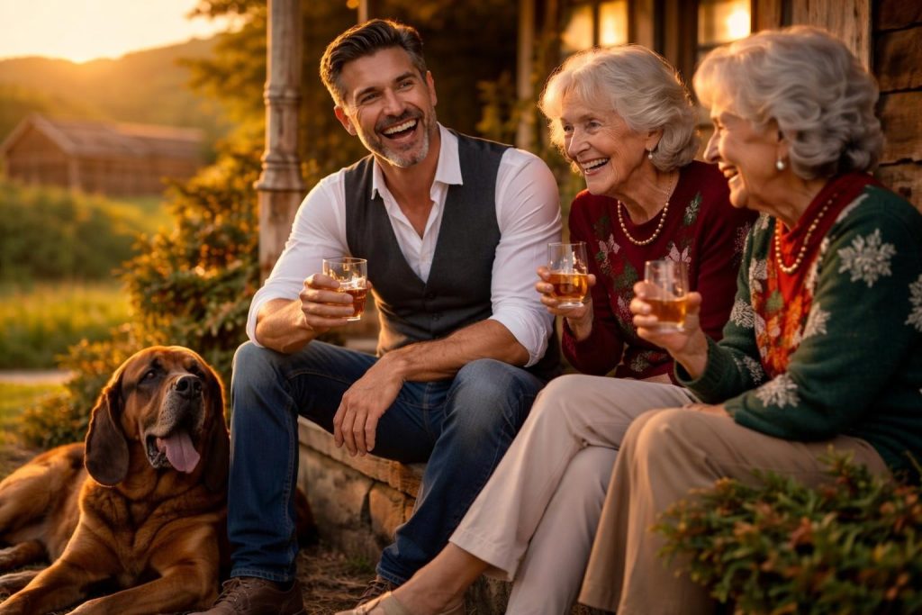 Handsome distiller laughing on a farmhouse porch with his three aunts and a glass of bourbon at sunset