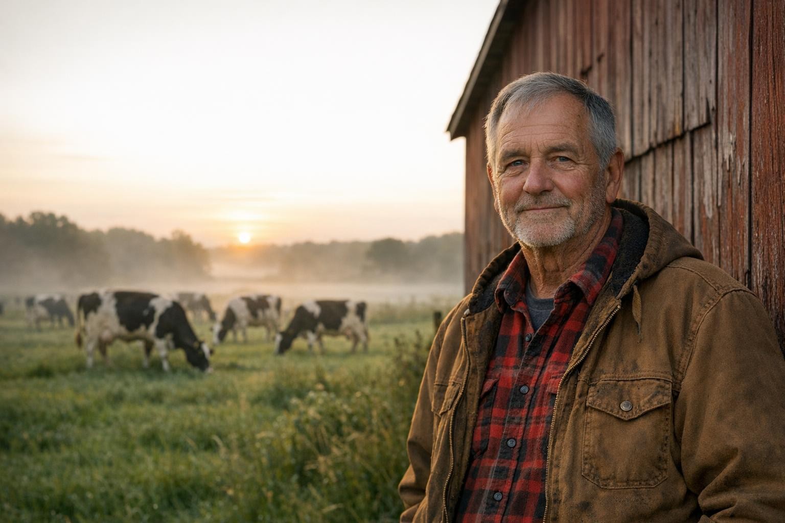 Older dairy farmer standing beside a red barn at sunrise on a Wisconsin farm