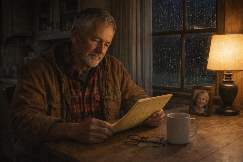 Widowed farmer reading estate planning papers alone at the kitchen table at night