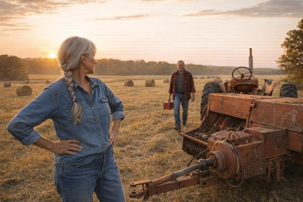 Woman next to a broken hay baler as her neighbor walks across the field to help