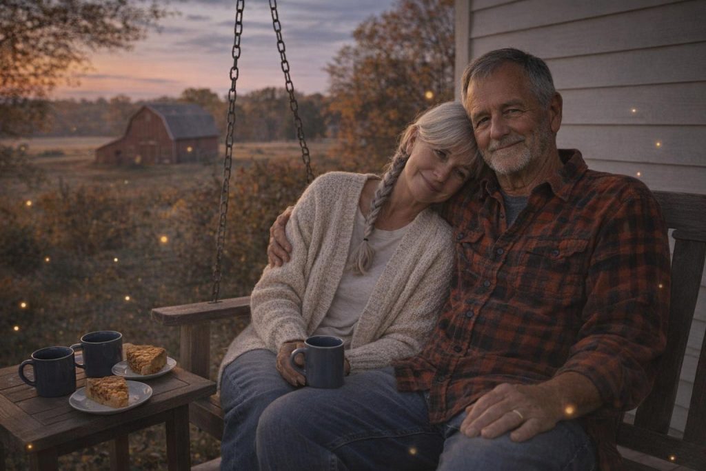 Older couple sharing apple pie on a farmhouse porch swing at dusk