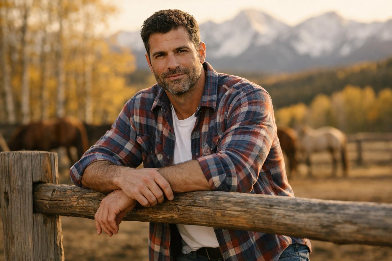 Handsome former athlete with dark hair and graying temples leaning on a corral fence on a Colorado ranch