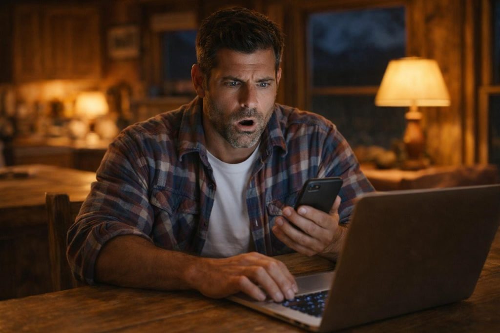 Handsome man in a flannel shirt over a white t-shirt in a ranch home gym