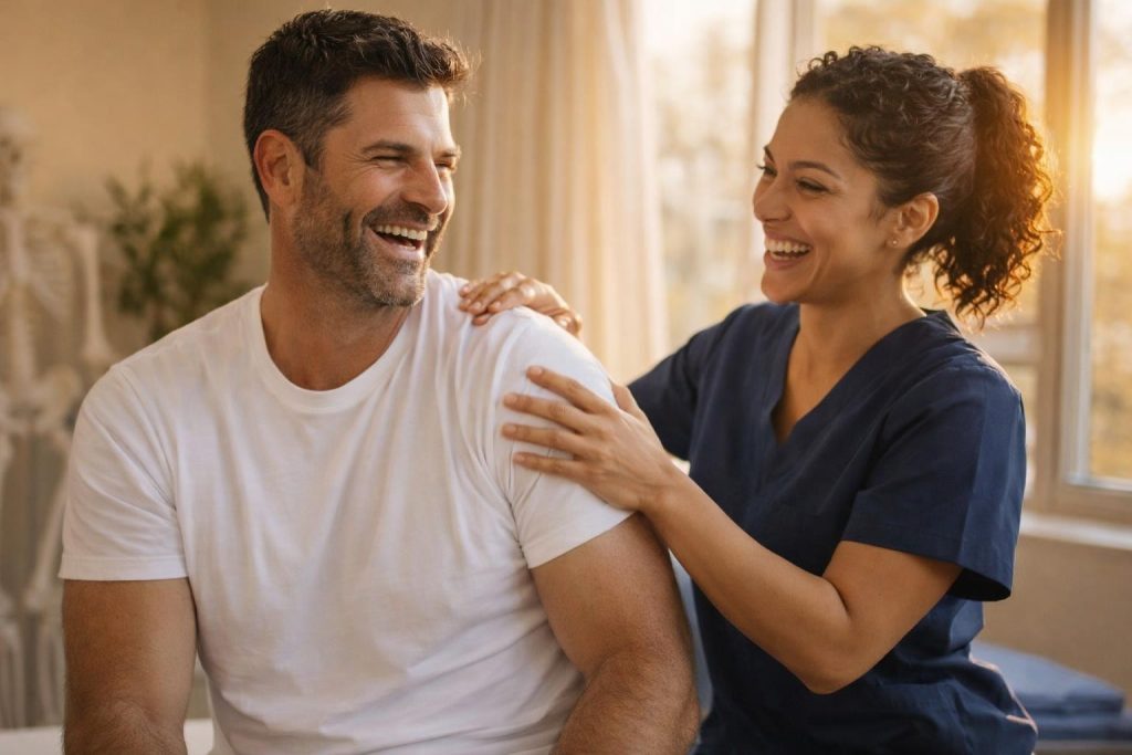 Physical therapist working on the rancher's shoulder in a sunlit room