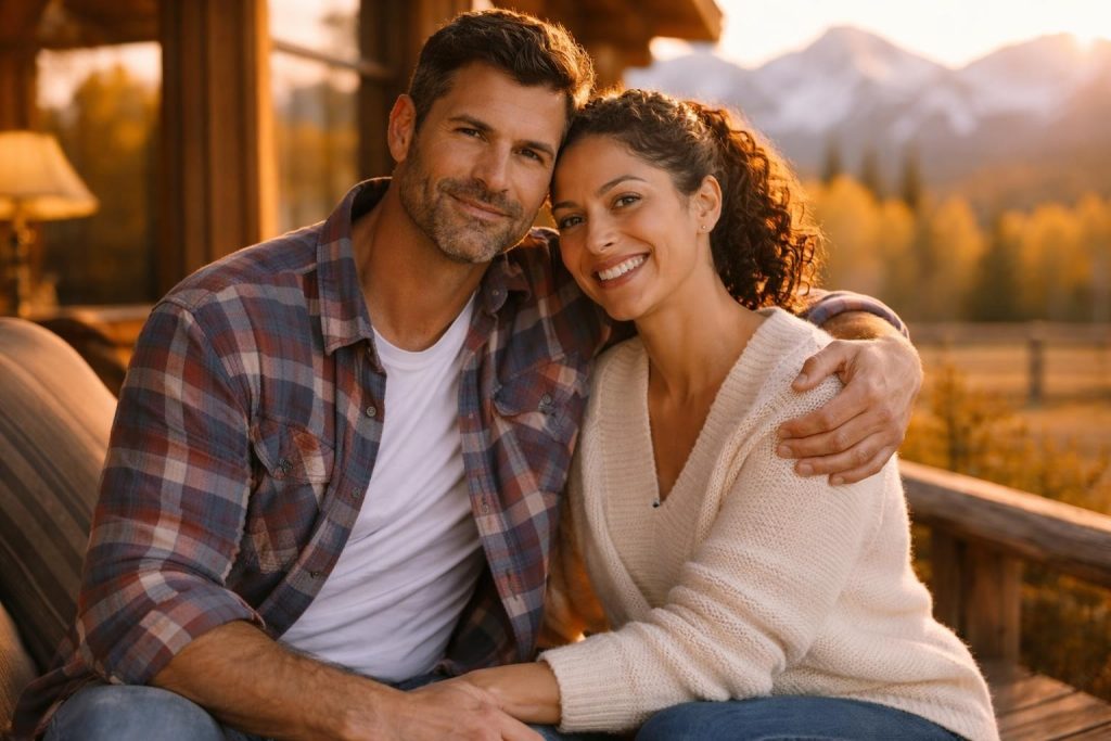 Couple sharing a quiet moment on a ranch porch with the Rocky Mountains at sunset