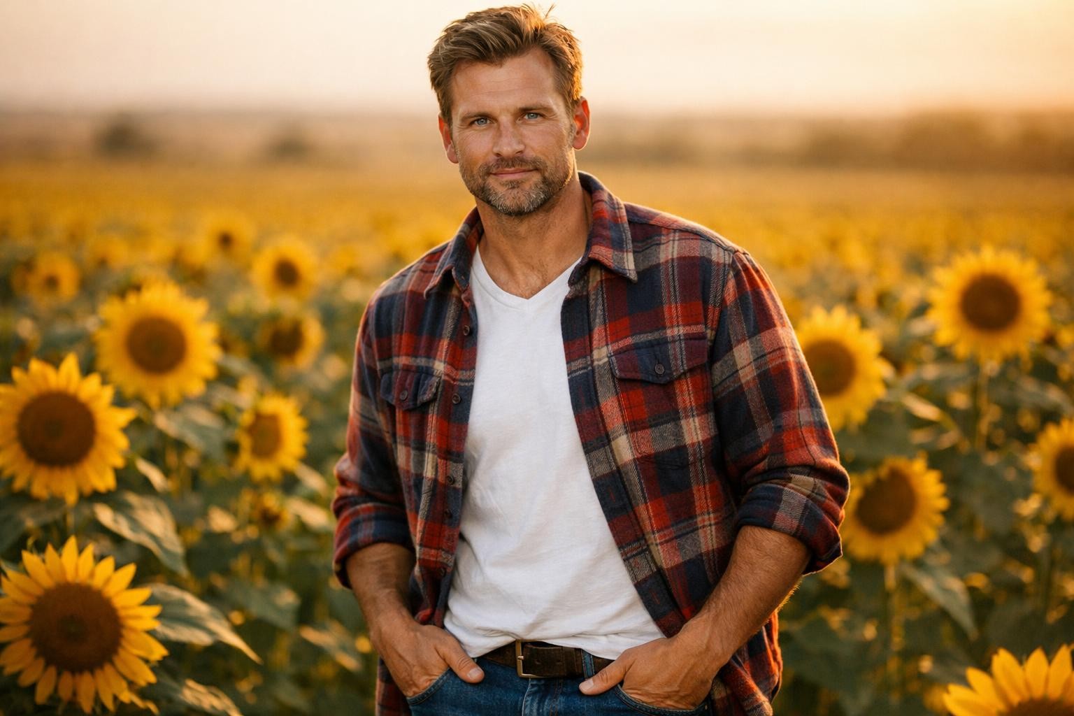 Handsome sunflower farmer with dark blond hair and a short beard standing in a golden sunflower field in North Dakota