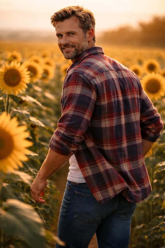 Handsome farmer in a flannel shirt over a white t-shirt walking through tall sunflowers