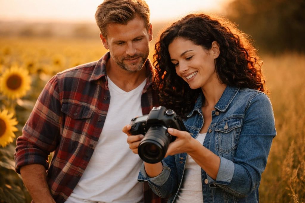 Photographer showing the farmer a photo on her camera at the edge of the sunflower field