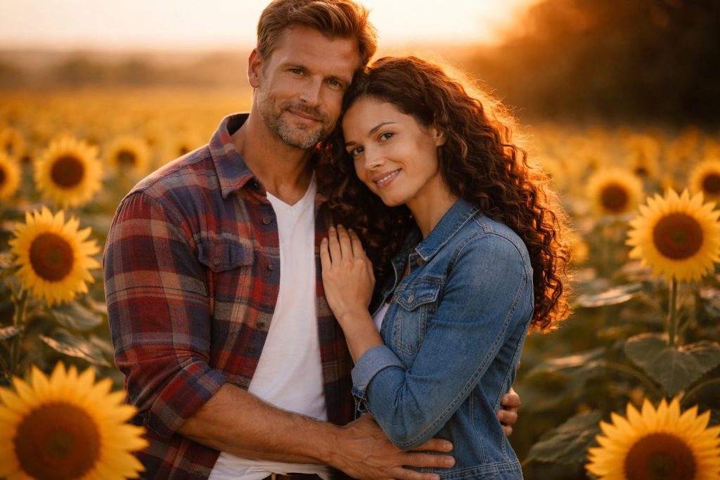 Couple standing together in a sunflower field at sunset